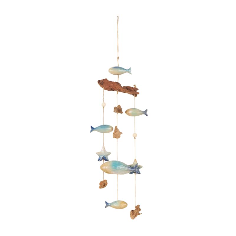 Blue Ceramic Ombre Fish Windchime with Driftwood and Hanging Starfish Accents