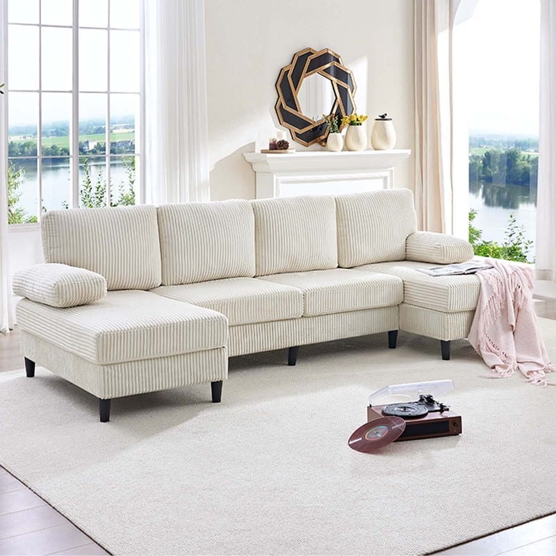 Mixoy W110"U-Shaped Sectional Sofa Couches with Double Chaises and Sleepable Armrests,Corduroy Upholstered 4-Seater Sofa