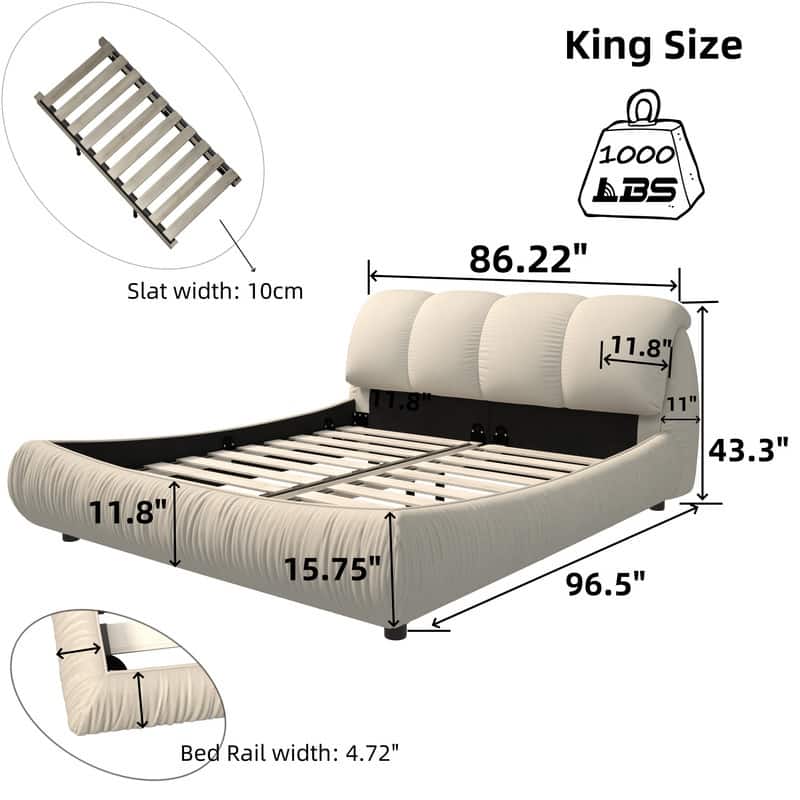 Queen or King Size Upholstered Platform Bed with Oversized Padded Backrest, Luxury Grounded Bed Frame