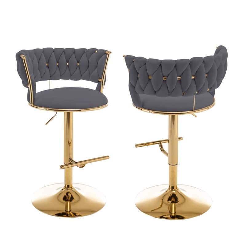 Best Quality Furniture Adjustable Velvet Barstools with Round Chrome Finish Base (Set of 2) - Dark Grey / Gold
