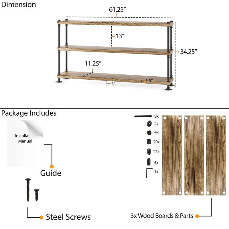 Wallniture 60 Inch Long Pipe Bookcase, 1.5 Thick Real Wood Shelves, Hanging Shelves for Home Organization, Rustic Decor, 3 Tier