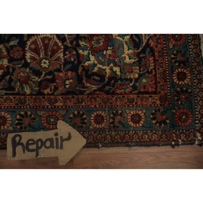 Hand Knotted Oriental 100% Wool Carpet Traditional Floral Navy Blue & Blues Kashan (Dabir) Area Rug - 11' 2'' X 8' 6''