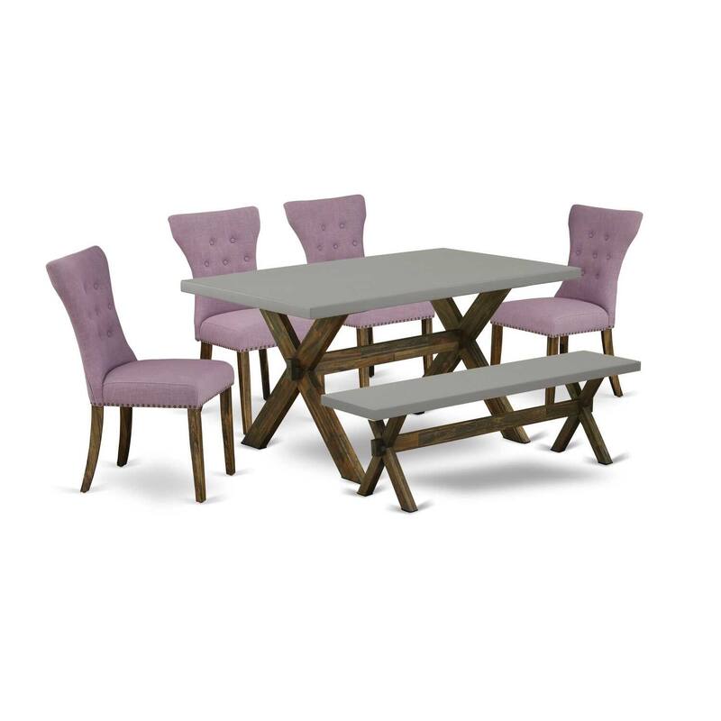 HomeStock 6-Pc Rectangle Distressed Jacobean Finish Solid Wood Top Dining Table with 1-Bench, 4-Chairs