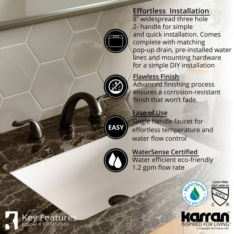 Karran Fulham Three Hole Two Handle Widespread Bathroom Faucet with Matching Pop-up Drain