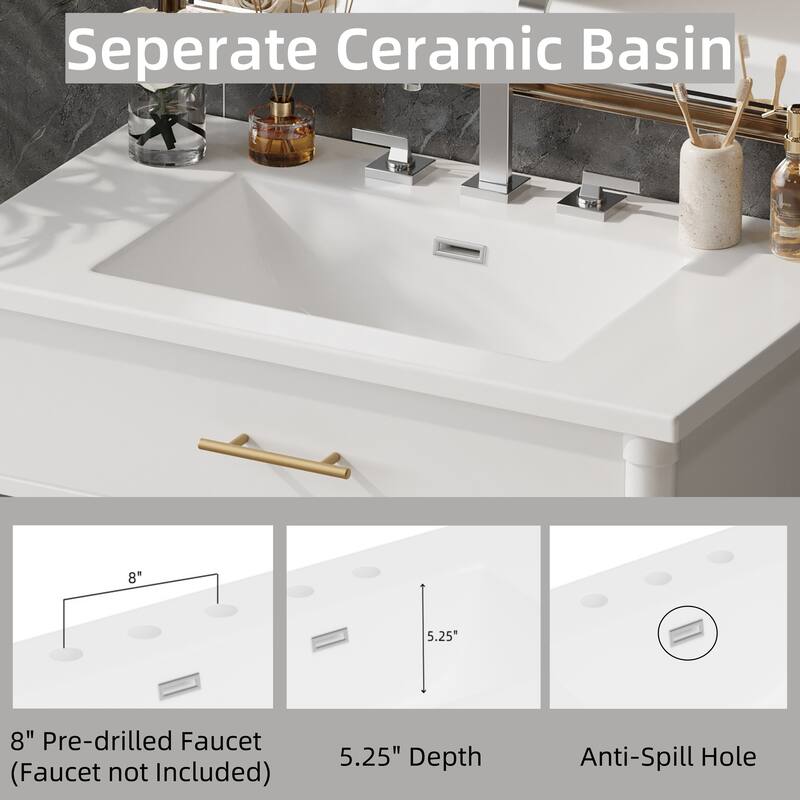 31 Inch Bathroom Vanity with Sink Soft Close Doors Adjustable Shelf Rubber Wood Legs, Curved Profile Design