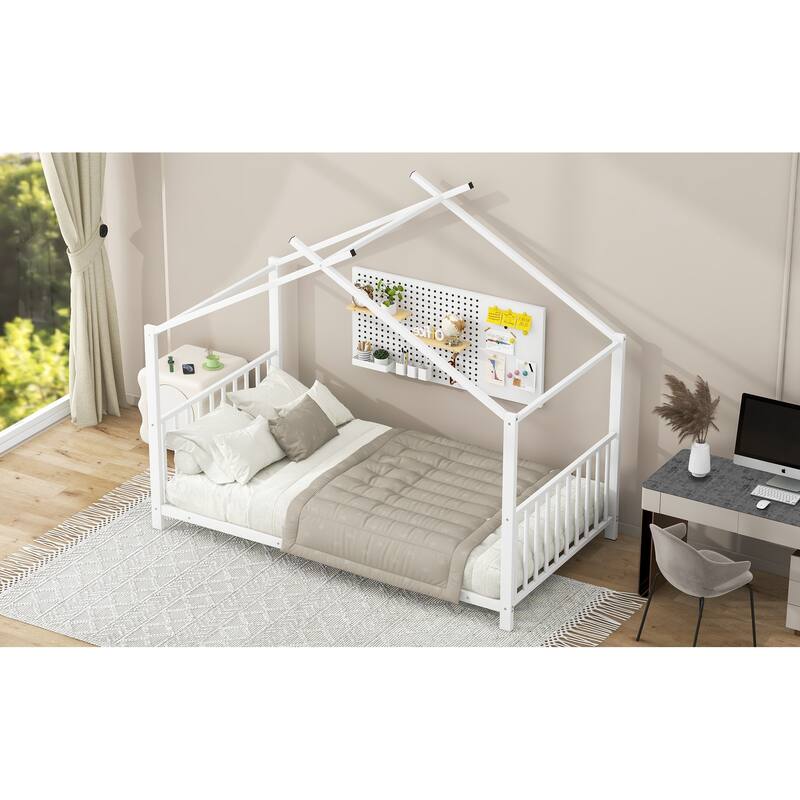 Twin Size White Metal House Platform Bed with Slat Kit, Easy Assembly