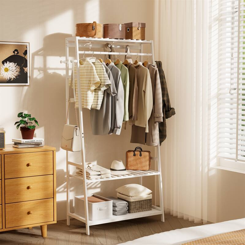 Bamboo Garment Rack Clothes Shelf Shoes Storage with Hooks