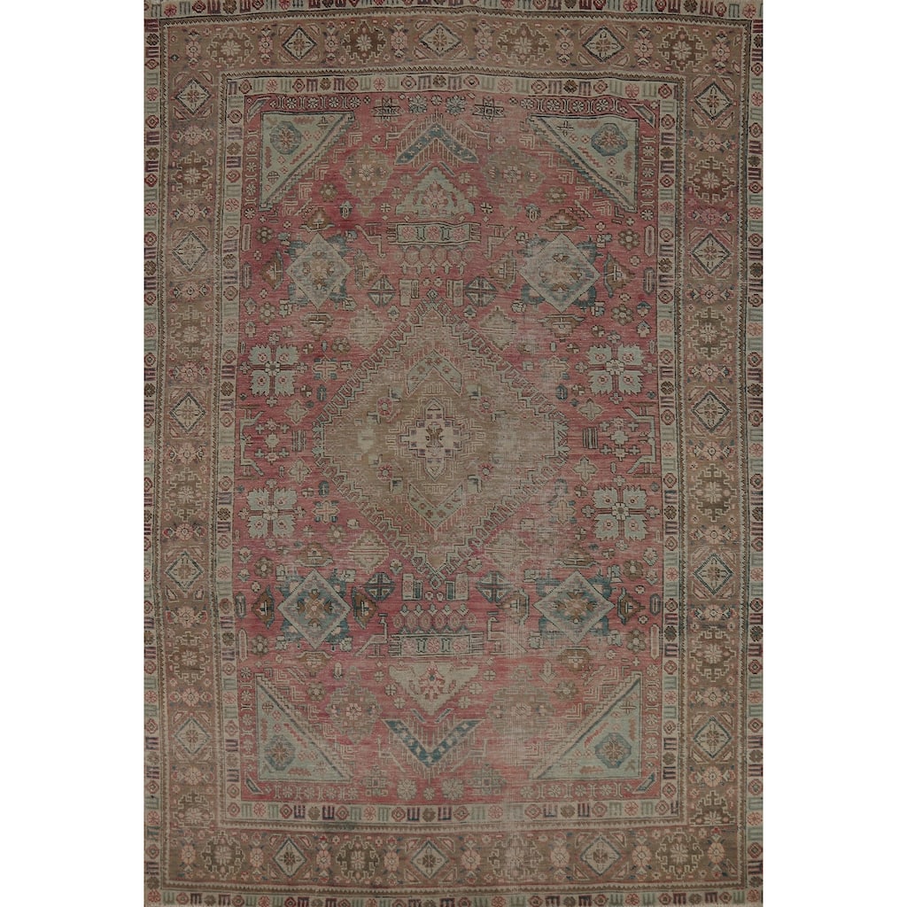 Tabriz Persian Vintage Rug Handmade Traditional Pink Wool Carpet - 6'6" x 9'6"