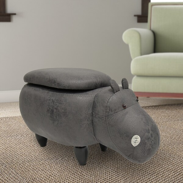 Hippo Shape Wooden Storage Ottoman with Fabric Upholstery Gray