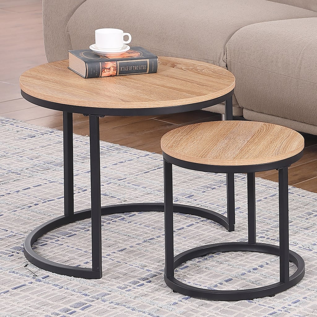 24" Round Nesting Table, Accent Coffee Table, Natural Oak Wood Finish, Space-Saving, Modern Industrial Style