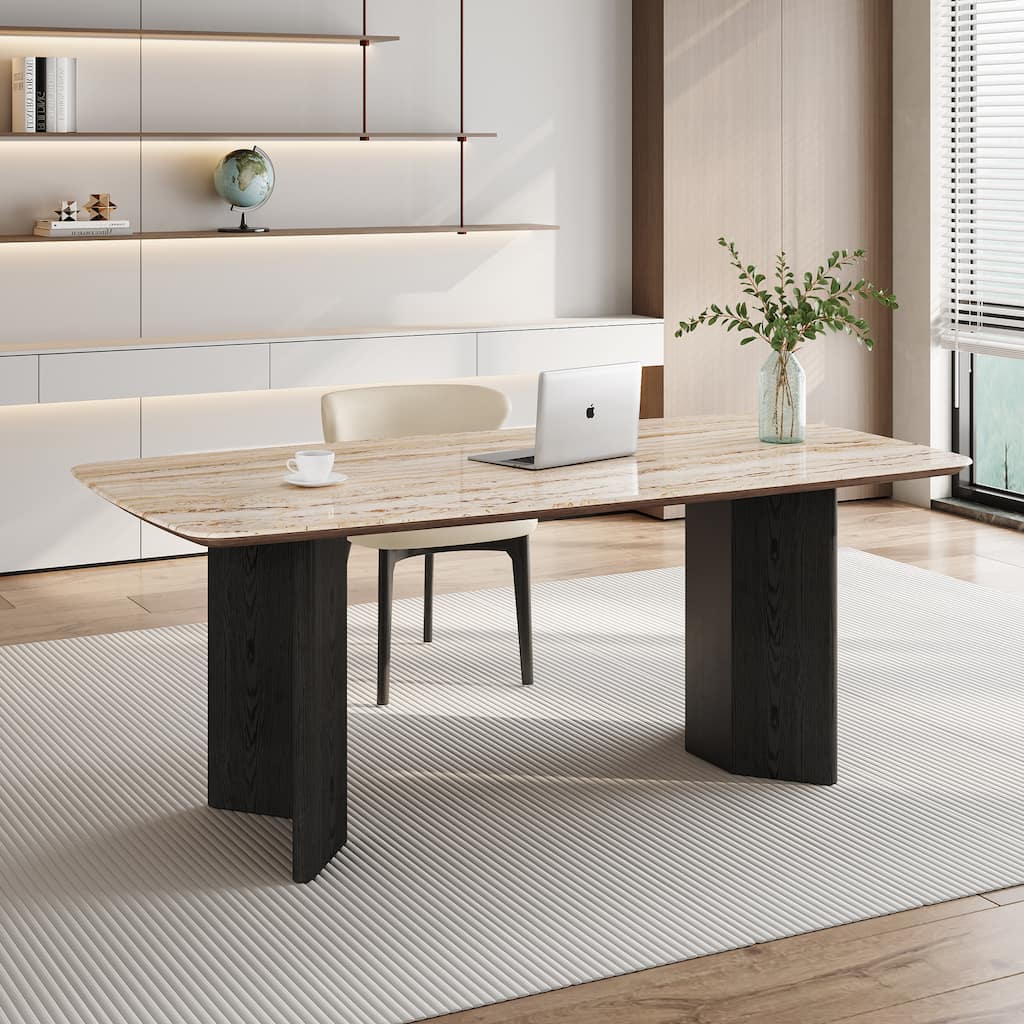 Modern 63" Retangular Wrining Desk, Faux Marble Table Top Desk With Double Legs