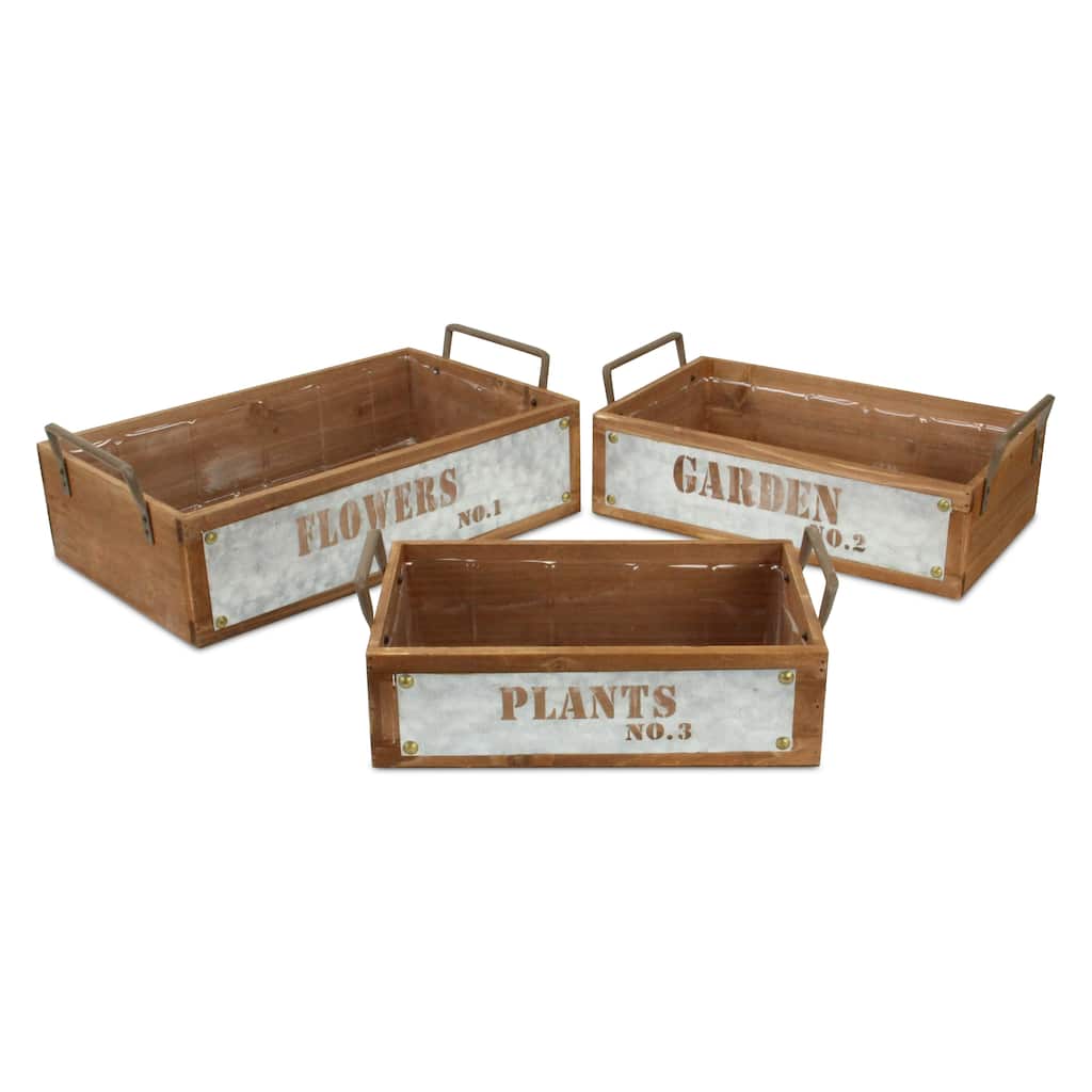 Brown Wood and Galvanized Metal Jardin Fleurs Stamped Crate (Set of 3)