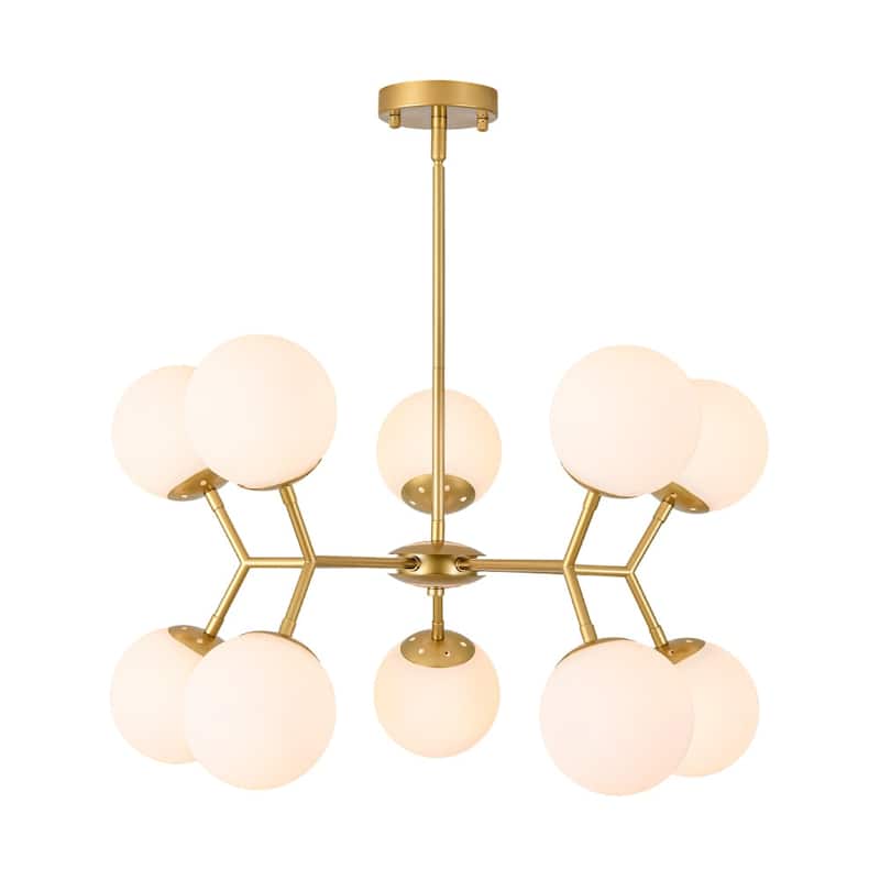 Mid-Century 10-Light Milky Glass Globe Round Branched Chandelier