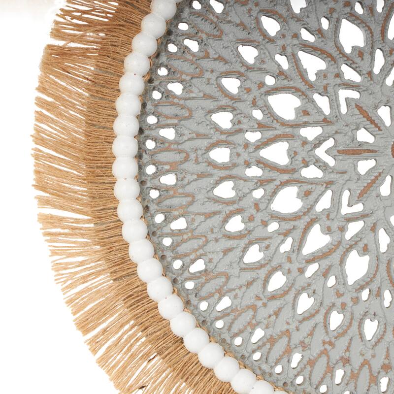White or Gray Wooden Handmade Seagrass Fringed Sculpture with Black Base