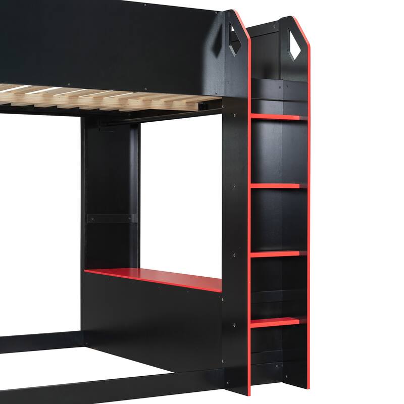 Full Size Gaming Loft Bed with RGB Lights, Wooden High Loft Bed Frame with Adjustable Desk, Hanging Rod and Storage