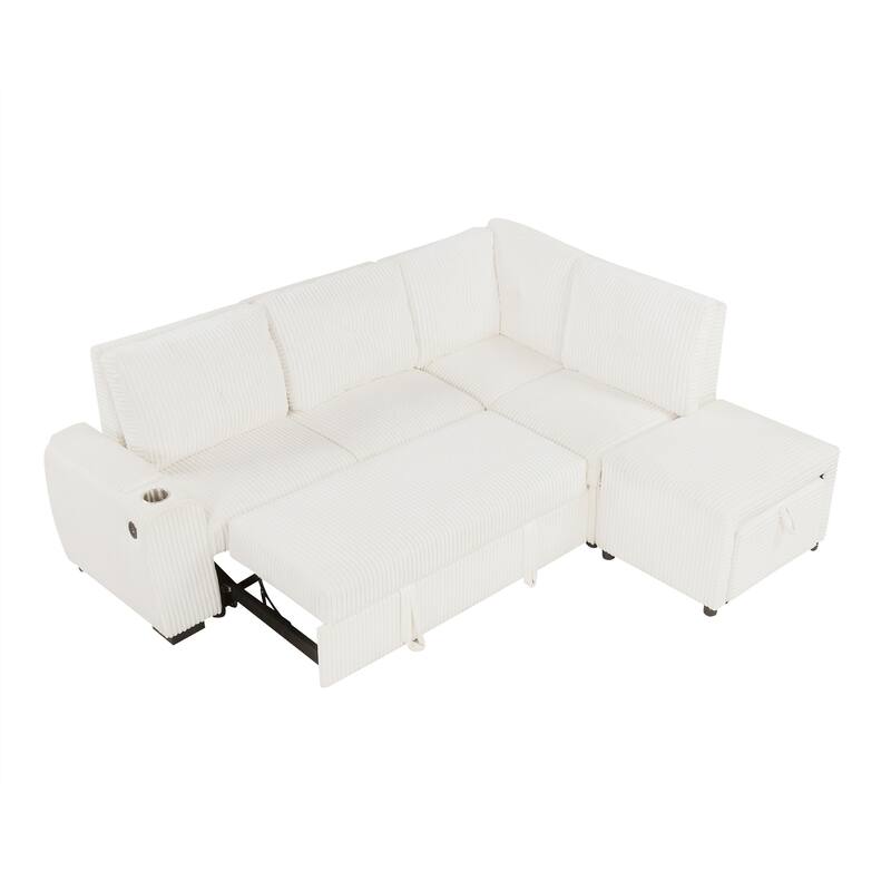 94" Creamy White Corduroy Sectional Pull-out Sofa Bed with Ottoman, Stool, Storage, Cup Holder & USB Ports