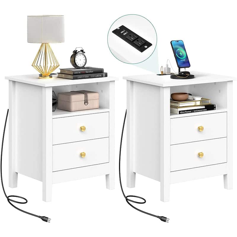 Nightstand Set of 2 with Charging Station End Side Table with 2 Drawers with USB Ports and Outlets Bedside Bed - White