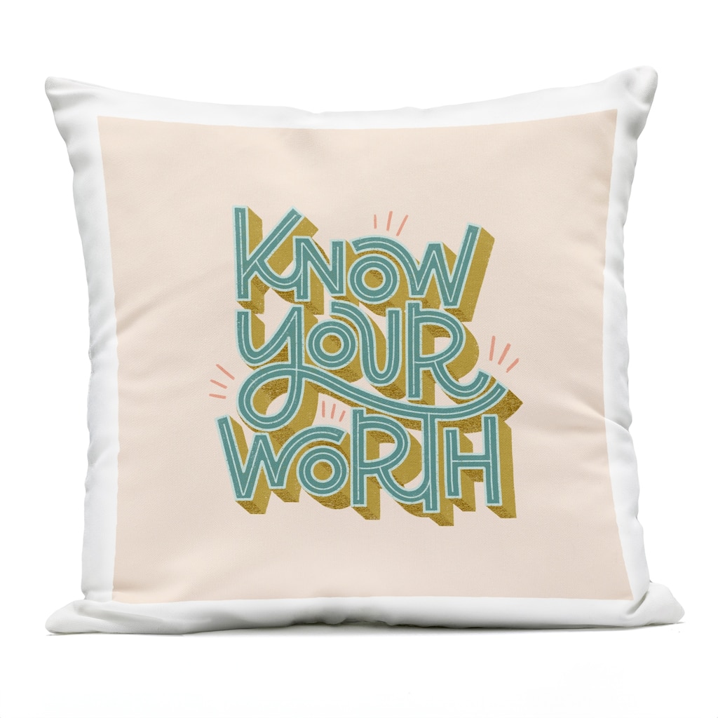 Stupell Know Your Worth Green on Beige Printed Outdoor Throw Pillow Design by Sarah Hickman