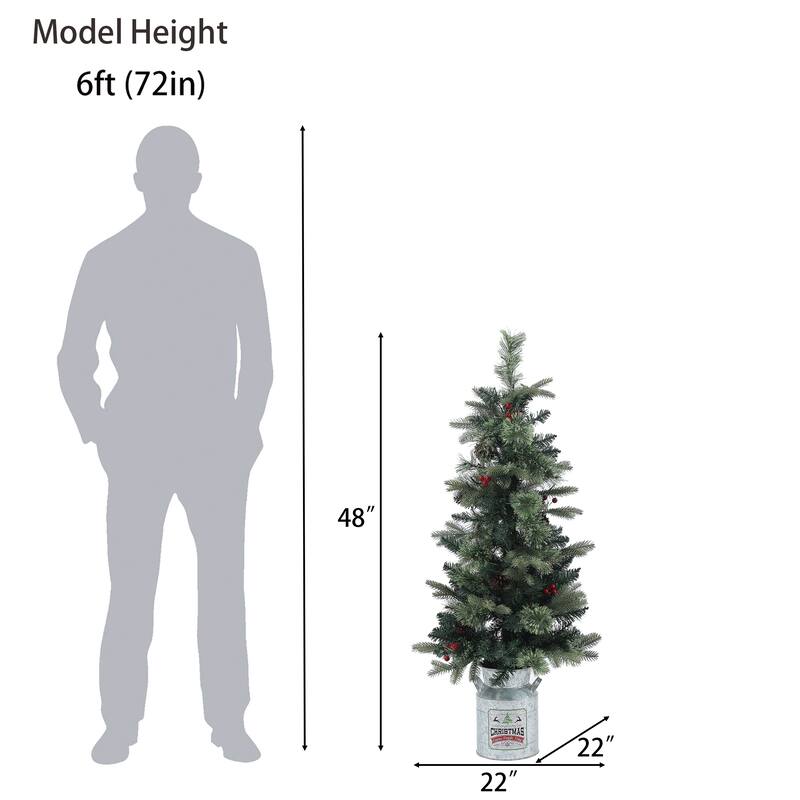 Artificial 4ft Christmas Tree with Metal Pot and Pre-lit LED Lights with Pine Cones and Berry Decorations - 48" H x 22" Diameter