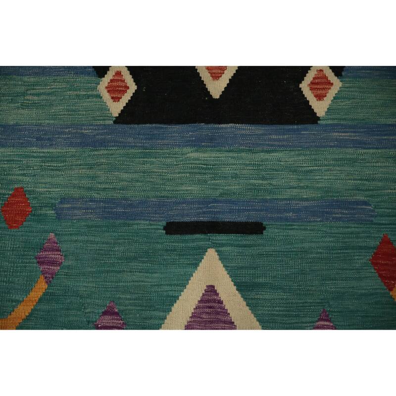 Hand Woven Oriental 100% Wool Carpet Southwestern Tribal Green Kilim Area Rug - 14' 10'' X 6' 9''
