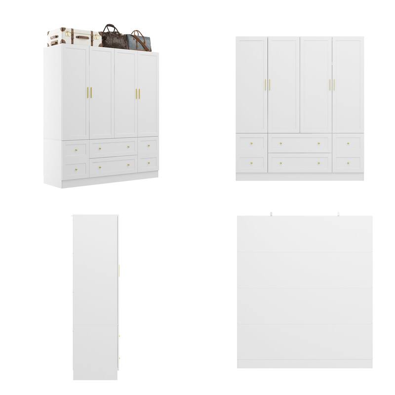 White Wardrobe Closet with Gold Handles - Modern Storage Cabinet with Drawers