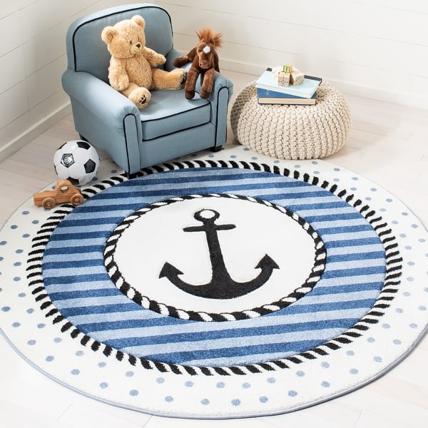 slide 2 of 24, SAFAVIEH Carousel Kids Aftina Nautical Anchor Rug 3' Round - Navy/Ivory - Round