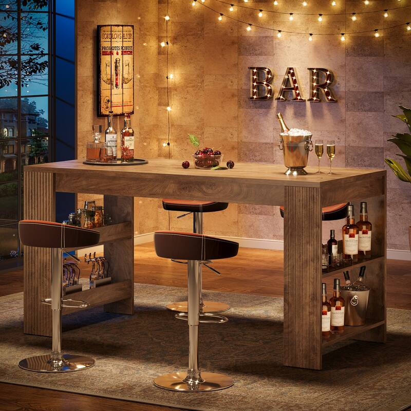 63 Inch Bar Table, Counter Height Pub Table with Storage Shelves