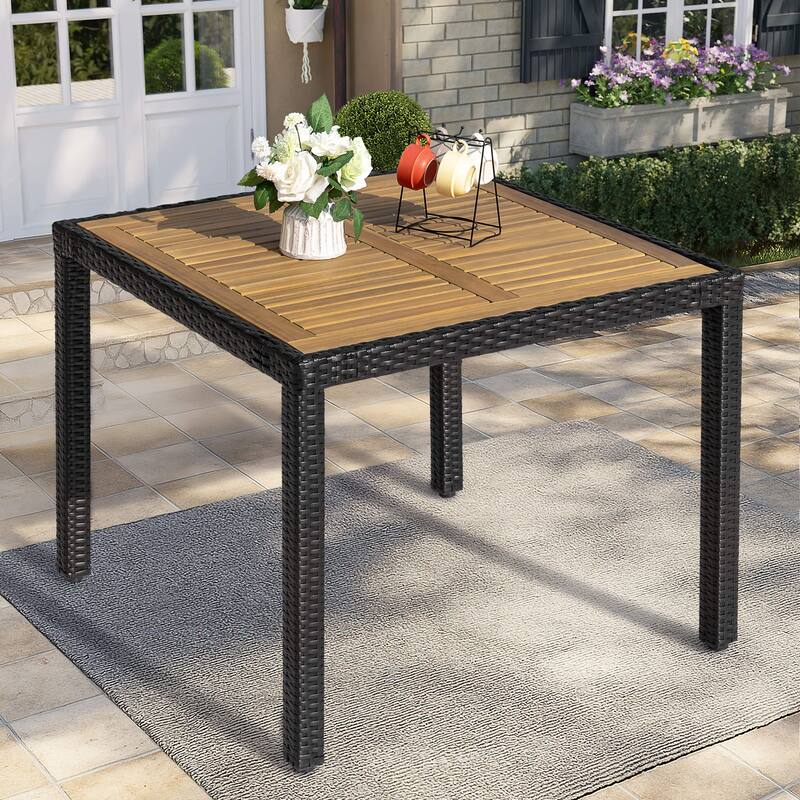 Patio Dining Table, Acacia Wood Top, PE Rattan-Wrapped Metal Frame, Black - Square