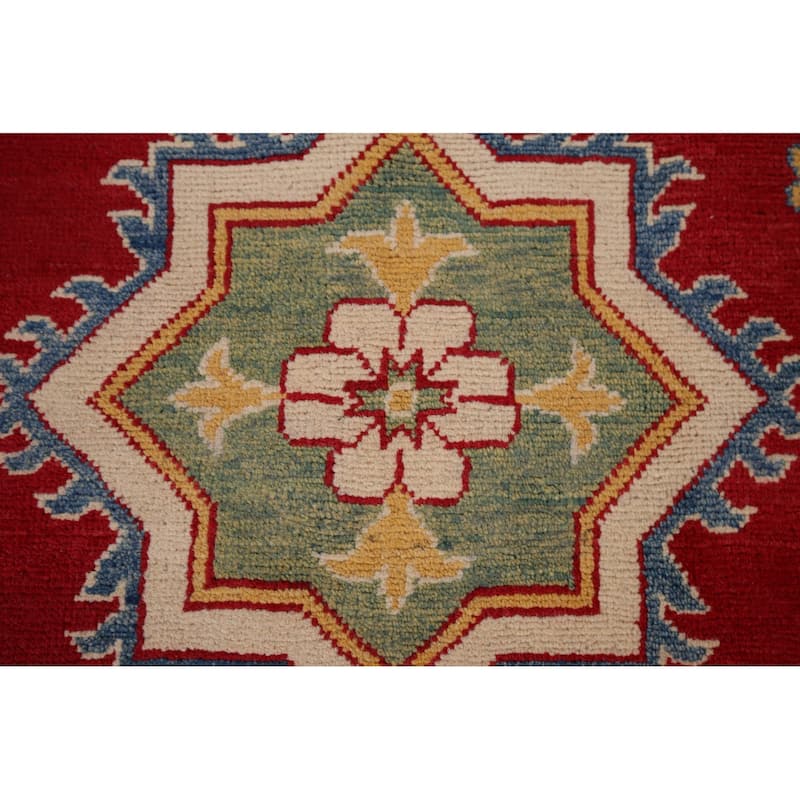 Red Geometric Kazak Oriental Area Rug Hand-Knotted Wool Carpet - 8'1" x 11'0"