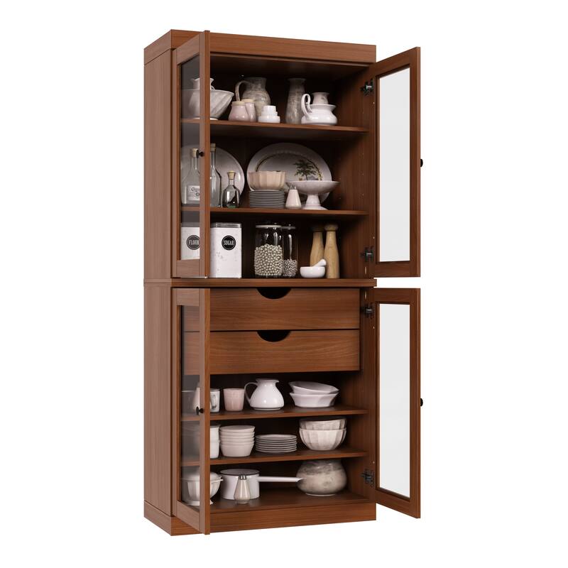 Palace Imports 100% Solid Wood Pantry Cabinet with Frosted, Clear Glass or Solid Doors, 2-Drawers and Adjustable Shelves