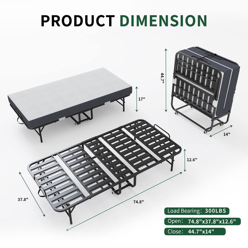 75" x 38" Twin Folding Bed with 3.7" Memory Foam Mattress, Portable Foldable Extra Bed, Rollaway Bed