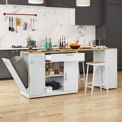 Moasis Rolling Kitchen Islands Cart with Extendable Dining Table and 2 Stool & Trash Cabinet