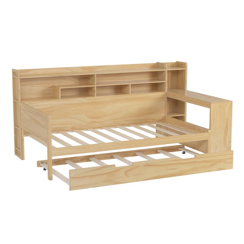 Wooden Twin Size Daybed with Storage Shelves, Multi-functional Bed with Twin Size Trundle Bed and Study Desk