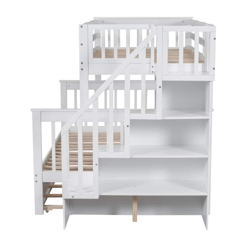 Twin-Over-Full Bunk Bed with Storage Stairway and Twin Trundle, Solid Pinewood Bunk Bed Frame, Divided Into 2 Individual Beds