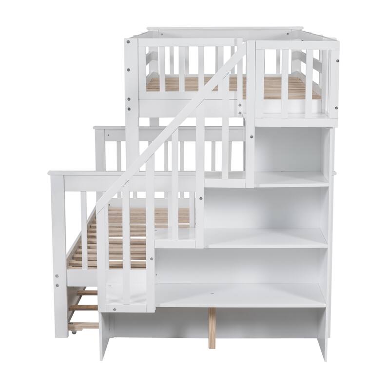 Twin-Over-Full Bunk Bed with Trundle, Storage, and Guard Rail for Bedroom or Dorm