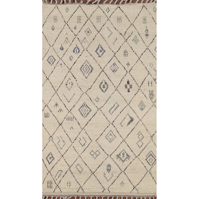 Trellis Ivory Moroccan Oriental Rug Hand-Knotted Wool Carpet - 3'11"x 6'9"