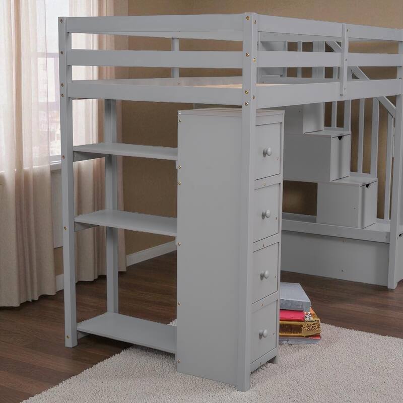 Twin Size Wooden Loft Bed with Drawers, Shelves, and Stairs for Kids Teens, No Box Spring Required