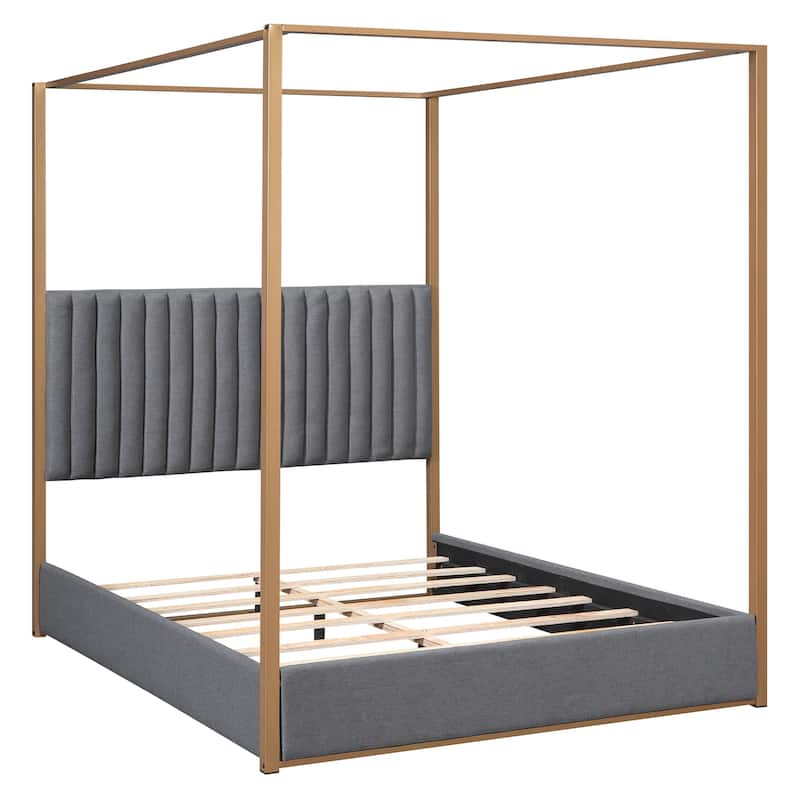 Queen Upholstered Canopy Bed with Foam-Filled Headboard, Metal Frame, and Pine Wood, Grey/Beige