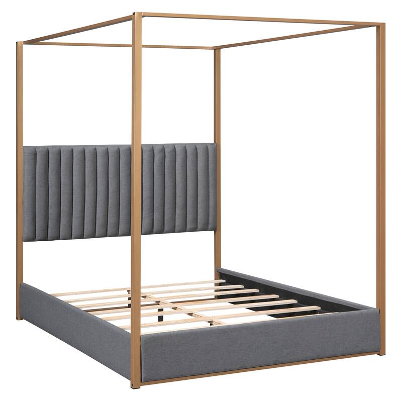Queen Upholstered Canopy Bed with Headboard, Metal Frame, and Linen Upholstery, 4-Poster Modern Design, Easy Assembly