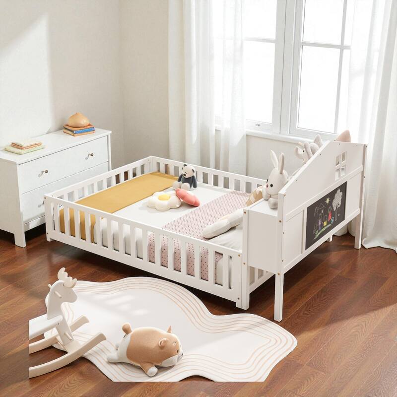 Full Size Montessori Floor Bed with Guard Rails, Bookcase Headboard & Blackboard, Solid Wood Platform Bed for Kids