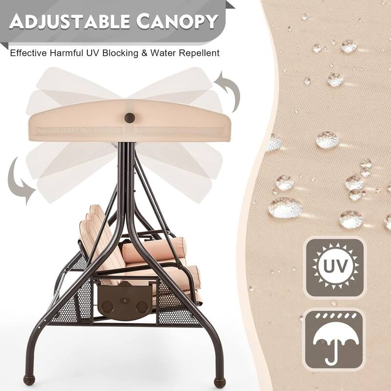 Outdoor 3-Seat Porch Swing with Adjustable Canopy & Cup Holder,Porch Swing Glider Chair, Heavy-Duty Steel Frame