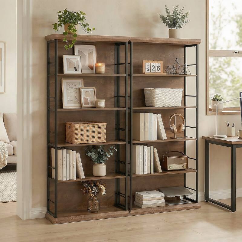 70.86" H 5-Tier Modern Bookcase | Wood & Metal Storage Shelf for Living Room & Office