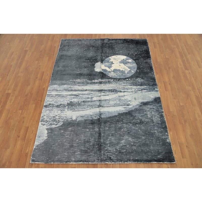 Hand Knotted Oriental Viscose Silk Carpet Modern Pictorial Greys & Charcoal Abstract Area Rug - 7' 8'' X 5' 6''