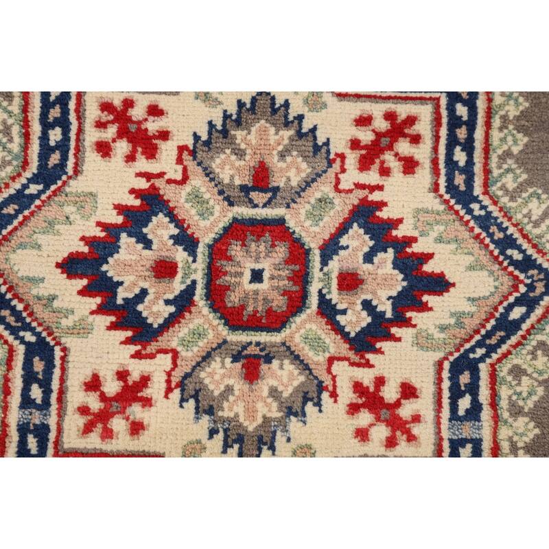 Geometric Kazak Oriental Area Rug Handmade Grey Wool Carpet - 5'0" x 6'6"