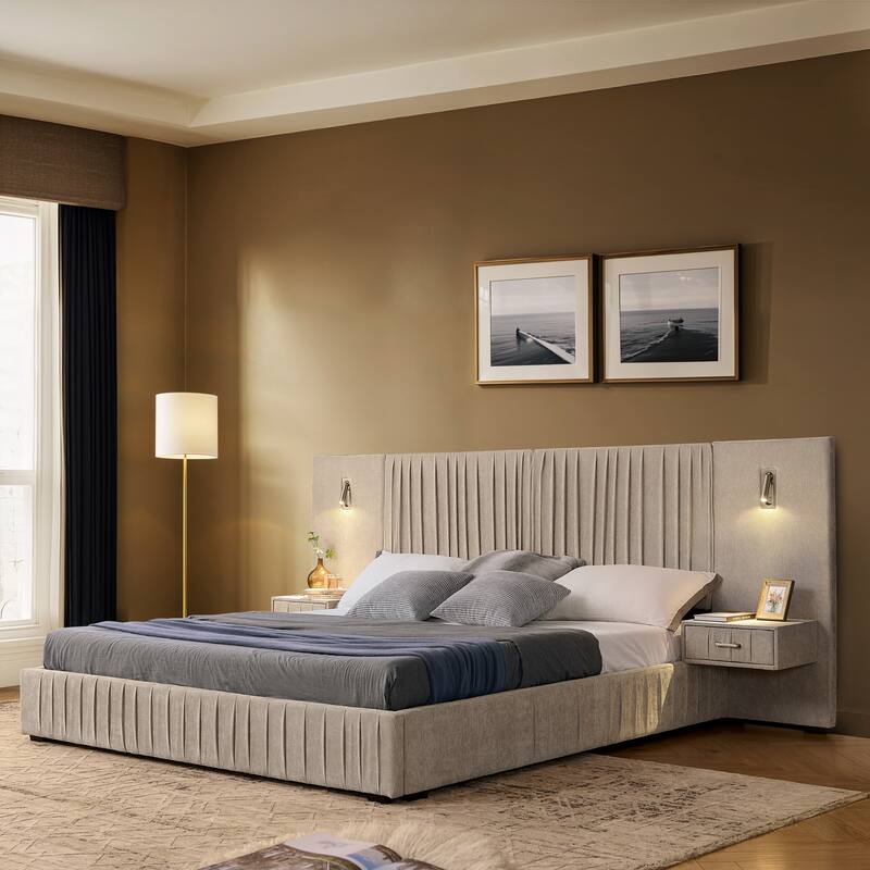 Roomfitters Queen Upholstered Chenille Platform Bed with Pleated Headboard and Built-In Bedside Tables, Solid Frame - Beige - Queen