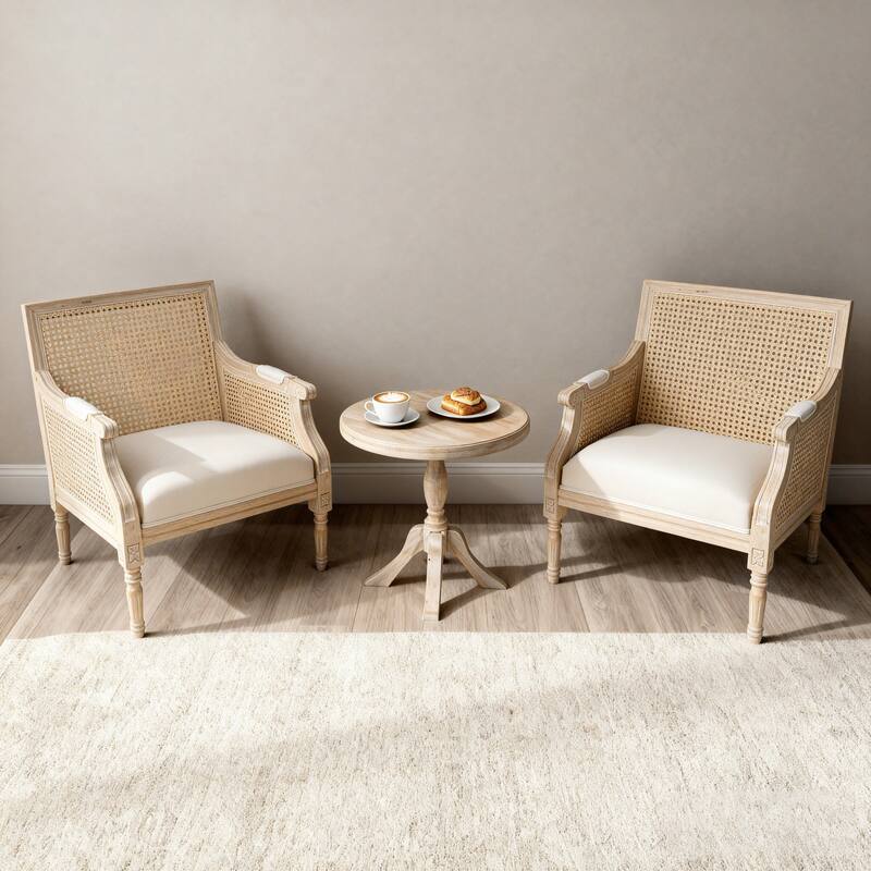 GDFStudio - Classic French Traditional Cotton Linen Upholstered Accent Armchair with Rattan Backrest & Contoured Armrests