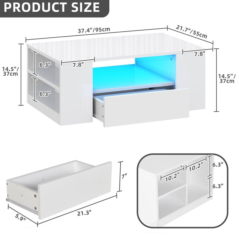 Moasis Modern High Gloss LED Coffee Table with Drawers and Shelves