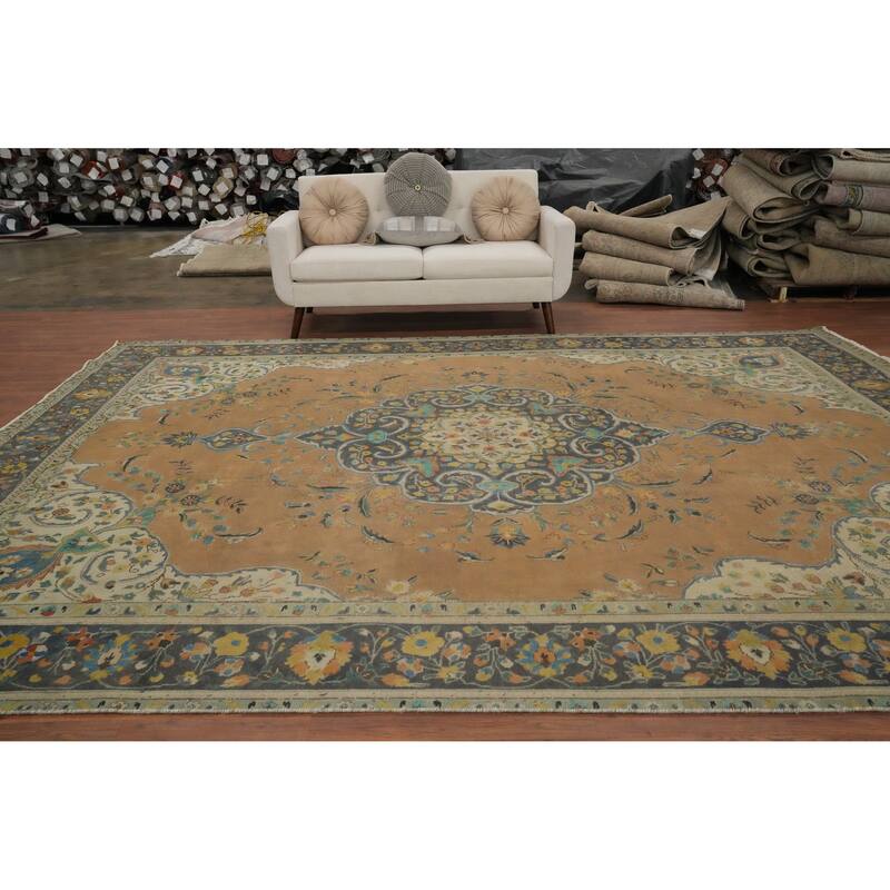 Hand Knotted Oriental 100% Wool Carpet Traditional Floral Oranges & Rust Tabriz Area Rug - 13' 0'' X 9' 9''