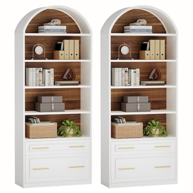 5-Tier White Arched Bookshelf with File Cabinet Drawer, 76.8" Tall Freestanding Wooden Bookcase - 2Pack-White