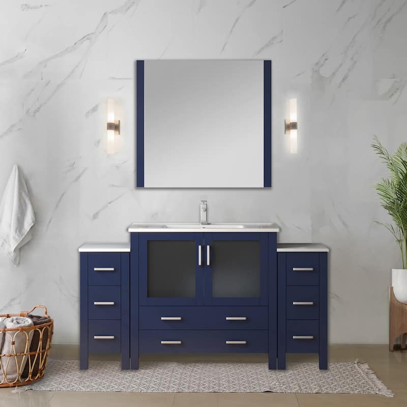 60 in. Navy Blue Double Vanity with White Ceramic Top, Two Side Cabinets, 22 in. Mirrors, Soft Close, Ample Storage